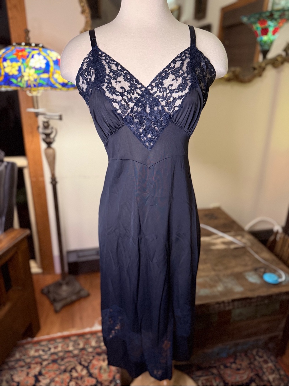 Liz Claiborne Double-Breasted Navy Blazer w/ Vintage Lace Appliqué Slip Dress